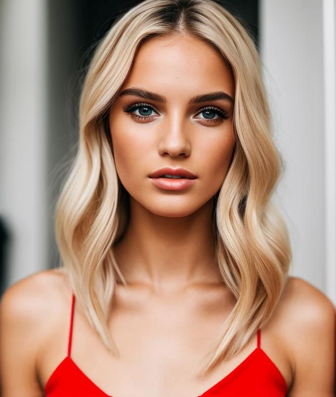 A photo of woman, clothes, hair blonde, dress red, face, half body, body, high detailed skin, skin pores, 8k uhd, film grain, Fujifilm XT3