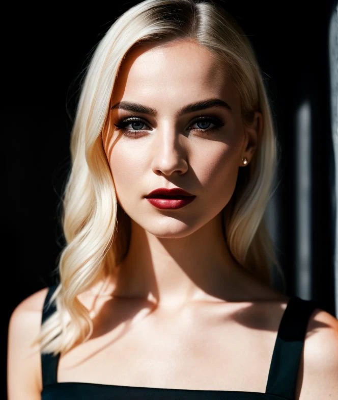 face portrait photo of 1woman skin pale, pores, wearing black dress, beautiful face, blonde, cinematic shot, dark shot, dramatic lighting