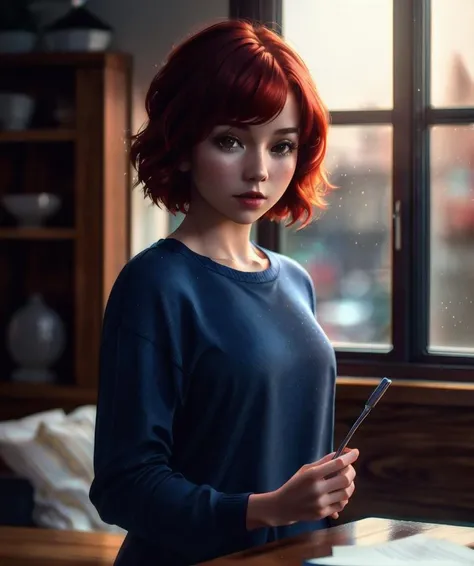 photo of 1girl person, young:1.3 , hair red short bob, photo,8k,sharp focus, face beautiful, Best quality, masterpiece, ultra high res, (photorealistic:1.4), raw photo, cinematic lighting, pullover shirt blue <lora:ornate:1.99>