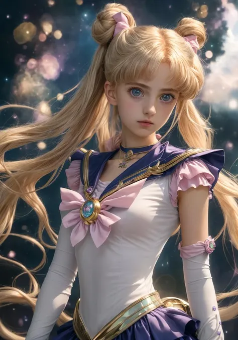 (absurdres, highres, ultra detailed, HDR), masterpiece, best quality, pastel colors, light colors, toei anime, bishoujo senshi sailor moon, pretty guardian sailor moon character hands on the back and holding hair and on the side is a brooch, detailed character with detailed face, big eyes