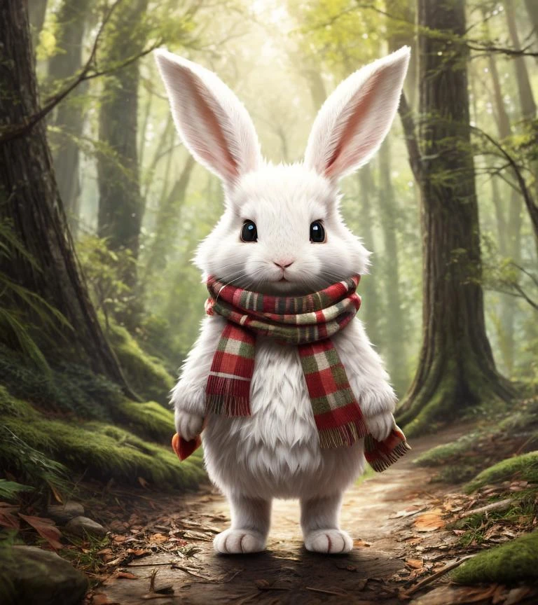a white rabbit standing in the woods with a scarf on, adorable digital painting, cute detailed digital art, cute forest creature, cute anthropomorphic bunny, cute digital art, cute 3 d render, cute character, cute cartoon character, cute creature, fantasy matte paintingï¼cute, rabbt_character, cute little creature, anthropomorphic rabbit, cute animal