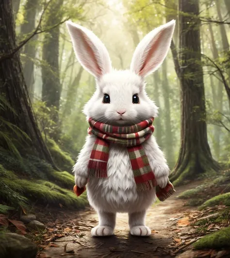 a white rabbit standing in the woods with a scarf on, adorable digital painting, cute detailed digital art, cute forest creature, cute anthropomorphic bunny, cute digital art, cute 3 d render, cute character, cute cartoon character, cute creature, fantasy matte paintingï¼cute, rabbt_character, cute little creature, anthropomorphic rabbit, cute animal