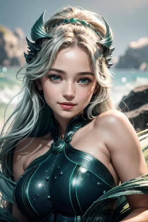 ((HD Real, SAMA1 level)), Extreme Real, Masterpiece, Best Quality, High Definition, SAMA1, Space, Stunning Beauty, Upper Body Photography, 1 Girl, Chest, Gloves, Lips, Solo,hair, (perfect hands): 3.8, octane rendering, goddess of the sea, (Close-up: 1.2) Finely detailed beautiful eyes, close-up, small eyes, look at the viewer, to8contrast style, octane line art,, sea effect, green, gentle smile, squinted eyes with smile, hands down