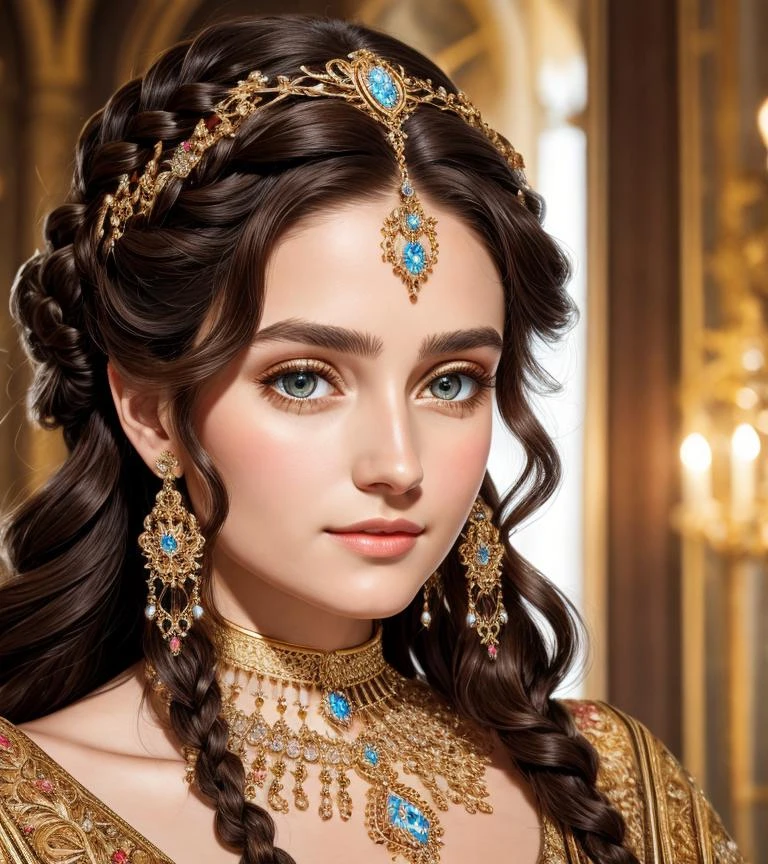 tmasterpieceï¼Highest high resolutionï¼Beautiful bust of a noble ladyï¼Delicate black braided hairï¼Brown clear eyesï¼The hair is covered with beautiful and delicate floral craftsmanship, Crystal jewelry filigreeï¼Ultra-detailed detailsï¼upscaledãSoft lighting