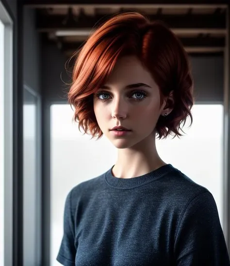 photo of 1girl person, young:1.3 , hair red short bob, photo,8k,sharp focus, face beautiful, Best quality, masterpiece, ultra high res, (photorealistic:1.4), raw photo, cinematic lighting, pullover shirt blue<lora:ornate:1.99>