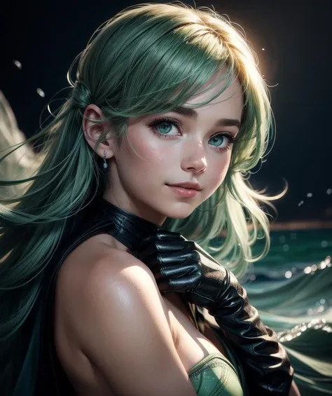 ((HD Real, SAMA1 level)), Extreme Real, Masterpiece, Best Quality, High Definition, SAMA1, Space, Stunning Beauty, Upper Body Photography, 1 Girl, Chest, Gloves, Lips, Solo,hair, (perfect hands): 3.8, octane rendering, goddess of the sea, (Close-up: 1.2) Finely detailed beautiful eyes, close-up, small eyes, look at the viewer, to8contrast style, octane line art,, sea effect, green, gentle smile, squinted eyes with smile, hands down