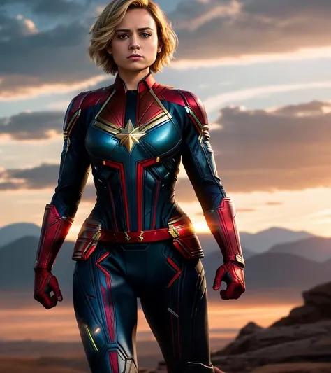 full body shot of kathwin:1,side lighting,(short pixie hair:1.3),rim lighting on hair, shallow sharp depth of field, feminine heroic,(curvy:1.4), (highly detailed), (Award winning), (Masterpiece), movie still, (HDR), (8k wallpaper),captain marvel suit,flying,sky background,female focus