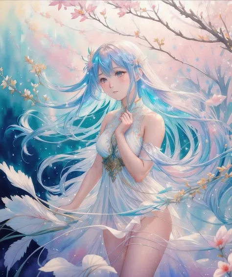 A captivating anime girl gracefully emerges from the pages of a watercolor painting, her vibrant and intricate colors breathing life into the artwork. She dons an extraordinary fantasy costume adorned with delicate details, reflecting the enchanting world she inhabits. Luminescent elements, like glowing crystals and ethereal wisps, surround her, casting a soft, otherworldly glow. The watercolor style imbues the image with a sense of fluidity and delicacy, as if the colors are effortlessly blending and bleeding into one another. Camera shot: medium shot, Camera lens: soft focus, Lighting: luminescent glow, watercolor brushstrokes,