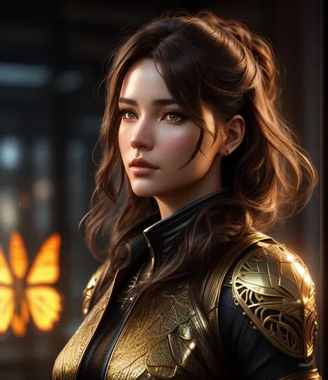 8k portrait of beautiful cyborg with brown hair, intricate, elegant, highly detailed, majestic, digital photography, art by artgerm and ruan jia and greg rutkowski surreal painting gold butterfly filigree, broken glass, (masterpiece, side lighting, finely detailed beautiful eyes: 1.2), hdr,unreal engine render + a goddess, unreal 6 breathtaking detailed, 8k, digital art, artgerm, 3d, Movie Still, warm color, vibrant, volumetric light, full body portrait