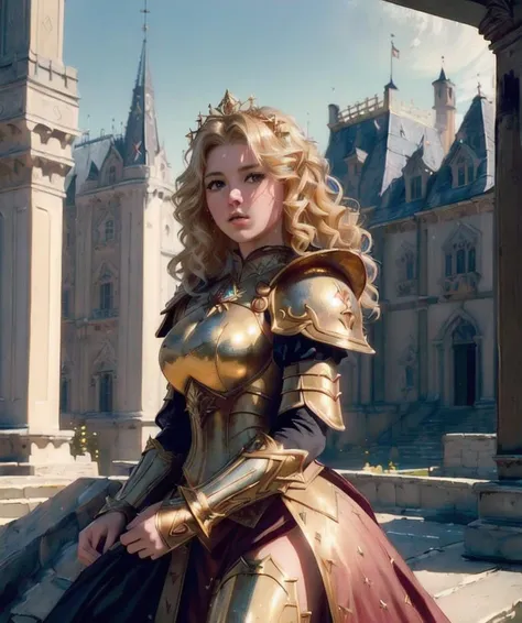 girl, (masterpiece, best quality, high resolution:1.4), beauty face, armor gold, skin pores texture, sharp, Hair blonde, HD , Photography, movie, cinematic, full Body, Realistic, (8k, RAW photo, best quality, masterpiece:1.2), (realistic, photo-realistic:1.33), castle, moon,