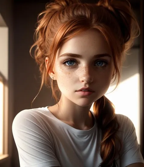 hoto,8k,sharp focus,beautiful woman,close up,t-shirt,(detailed eyes:0.8),(looking at the camera:1.4),(highest quality),(best shadow),brown eyes,rim lighting,two tone lighting,dimly lit,low key,intricate details,interior,ponytails,ginger hair:1.3, freckles