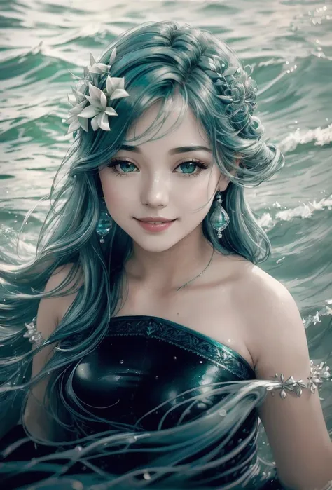 ((HD Real, SAMA1 level)), Extreme Real, Masterpiece, Best Quality, High Definition, SAMA1, Space, Stunning Beauty, Upper Body Photography, 1 Girl, Chest, Gloves, Lips, Solo,hair, (perfect hands): 3.8, octane rendering, goddess of the sea, (Close-up: 1.2) Finely detailed beautiful eyes, close-up, small eyes, look at the viewer, to8contrast style, octane line art,, sea effect, green, gentle smile, squinted eyes with smile, hands down