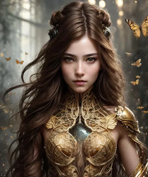 8k portrait of beautiful cyborg with brown hair, intricate, elegant, highly detailed, majestic, digital photography, art by artgerm and ruan jia and greg rutkowski surreal painting gold butterfly filigree, broken glass, (masterpiece, sidelighting, finely detailed beautiful eyes: 1.2), hdr