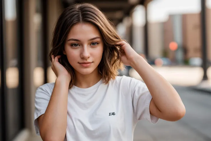 photo of a 18 year old girl,adjusting hair,bob,happy,shirt,pants,ray tracing,detail shadow,shot on Fujifilm X-T4,85mm f1.2,sharp focus,depth of field,blurry background,bokeh,motion blur,<lora:add_detail:1>,