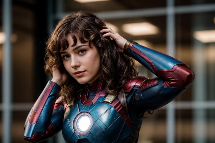 Marvel movies,photo of a 18 year old girl,ironman,adjusting hair,perm,happy,ray tracing,detail shadow,shot on Fujifilm X-T4,85mm f1.2,sharp focus,depth of field,blurry background,bokeh,motion blur,<lora:add_detail:1>,