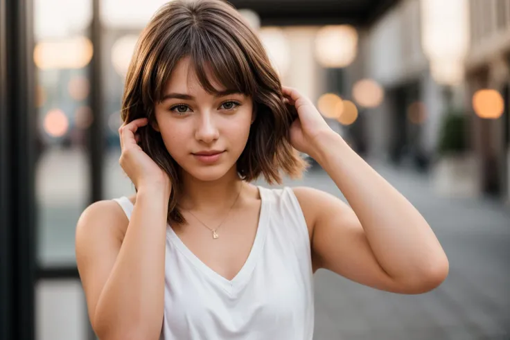 photo of a 18 year old girl,adjusting hair,bob,happy,ray tracing,detail shadow,shot on Fujifilm X-T4,85mm f1.2,sharp focus,depth of field,blurry background,bokeh,motion blur,<lora:add_detail:1>,