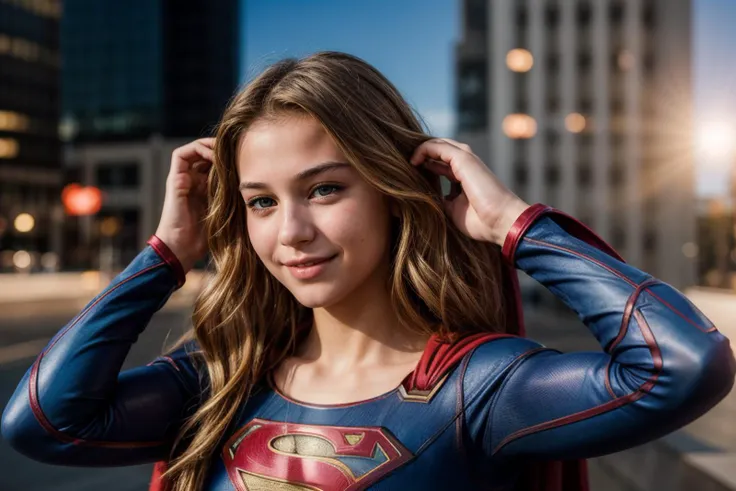 DC movie,photo of a 18 year old girl,supergirl,adjusting hair,happy,laughing,ray tracing,detail shadow,shot on Fujifilm X-T4,85mm f1.2,depth of field,bokeh,motion blur,<lora:add_detail:1>,