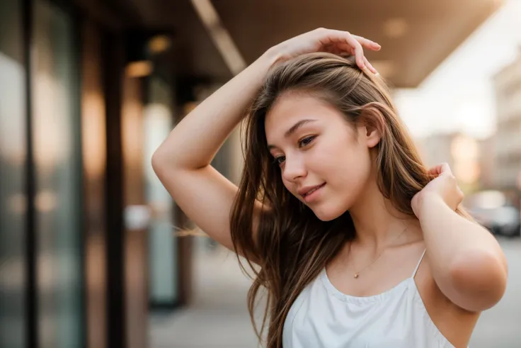 photo of a 18 year old girl,adjusting hair,happy,ray tracing,detail shadow,shot on Fujifilm X-T4,85mm f1.2,sharp focus,depth of field,blurry background,bokeh,lens flare,motion blur,<lora:add_detail:1>,