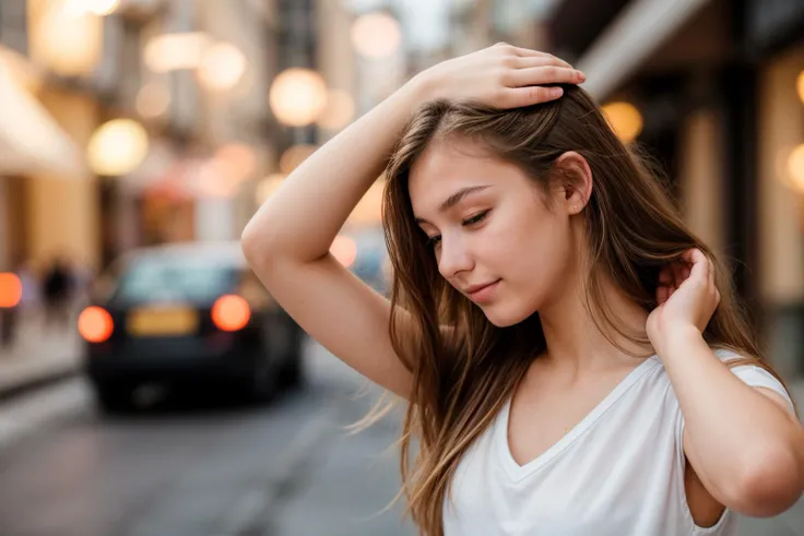 photo of a 18 year old girl,adjusting hair,happy,ray tracing,detail shadow,shot on Fujifilm X-T4,85mm f1.2,sharp focus,depth of field,blurry background,bokeh,lens flare,motion blur,<lora:add_detail:1>,