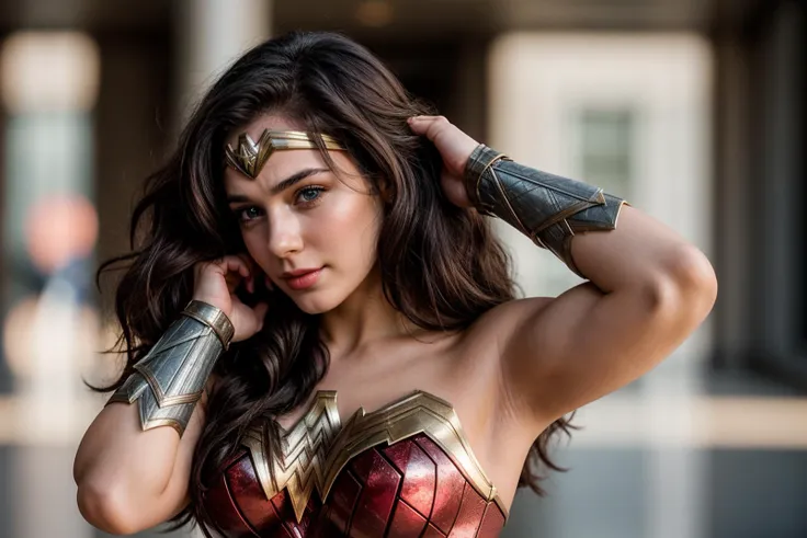 DC movies,photo of a 18 year old girl,wonder woman,adjusting hair,perm,happy,ray tracing,detail shadow,shot on Fujifilm X-T4,85mm f1.2,sharp focus,depth of field,blurry background,bokeh,motion blur,<lora:add_detail:1>,