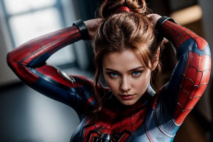 Marvel movies,from above,photo of a 18 year old girl,spiderman,adjusting hair,arms over head,updo hairstyle,happy,looking at viewer,blue eyes,ray tracing,detail shadow,shot on Fujifilm X-T4,85mm f1.2,sharp focus,depth of field,blurry background,bokeh,lens flare,motion blur,<lora:add_detail:1>,