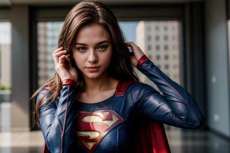 DC s,photo of a 18 year old girl,supergirl,adjusting hair,bob,happy,ray tracing,detail shadow,shot on Fujifilm X-T4,85mm f1.2,sharp focus,depth of field,blurry background,bokeh,motion blur,<lora:add_detail:1>,