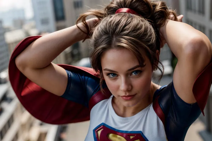 DC movies,from above,photo of a 18 year old girl,supergirl,adjusting hair,arms over head,updo hairstyle,happy,looking at viewer,blue eyes,ray tracing,detail shadow,shot on Fujifilm X-T4,85mm f1.2,sharp focus,depth of field,blurry background,bokeh,lens flare,motion blur,<lora:add_detail:1>,