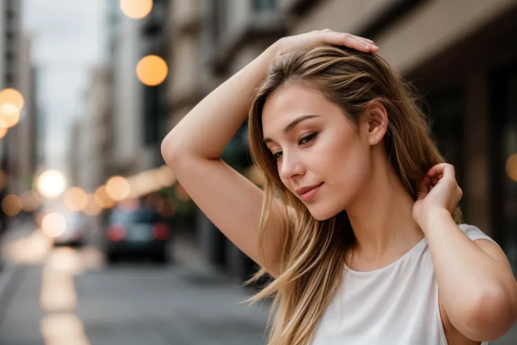 photo of a 25 year old girl,adjusting hair,happy,ray tracing,detail shadow,shot on Fujifilm X-T4,85mm f1.2,sharp focus,depth of field,blurry background,bokeh,lens flare,motion blur,<lora:add_detail:1>,