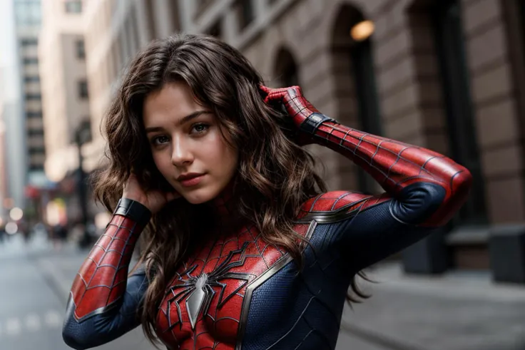 Marvel movies,photo of a 18 year old girl,spiderman,adjusting hair,perm,happy,ray tracing,detail shadow,shot on Fujifilm X-T4,85mm f1.2,sharp focus,depth of field,blurry background,bokeh,motion blur,<lora:add_detail:1>,