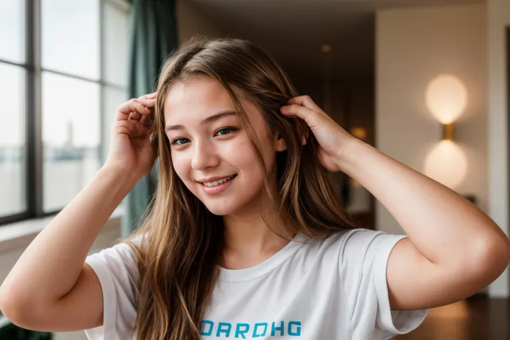 photo of a 18 year old girl,adjusting hair,happy,laughing,ray tracing,detail shadow,shot on Fujifilm X-T4,85mm f1.2,depth of field,bokeh,motion blur,<lora:add_detail:1>,