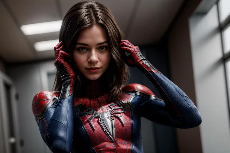 Marvel s,photo of a 18 year old girl,spiderman,adjusting hair,bob,happy,ray tracing,detail shadow,shot on Fujifilm X-T4,85mm f1.2,sharp focus,depth of field,blurry background,bokeh,motion blur,<lora:add_detail:1>,