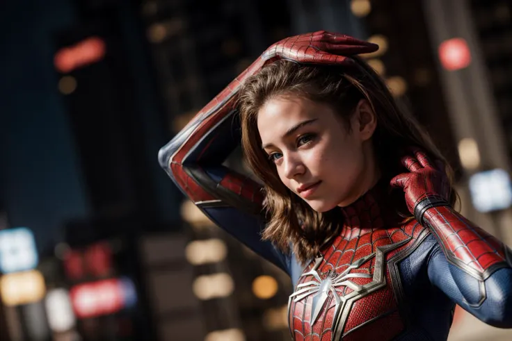 Marvel movies,photo of a 18 year old girl,spiderman,adjusting hair,happy,ray tracing,detail shadow,shot on Fujifilm X-T4,85mm f1.2,sharp focus,depth of field,blurry background,bokeh,lens flare,motion blur,<lora:add_detail:1>,