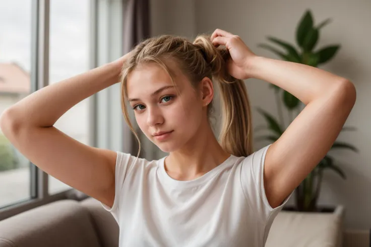 photo of a 18 year old girl,adjusting hair,arms over head,ponytail,ray tracing,detail shadow,shot on Fujifilm X-T4,85mm f1.2,depth of field,bokeh,motion blur,<lora:add_detail:1>,