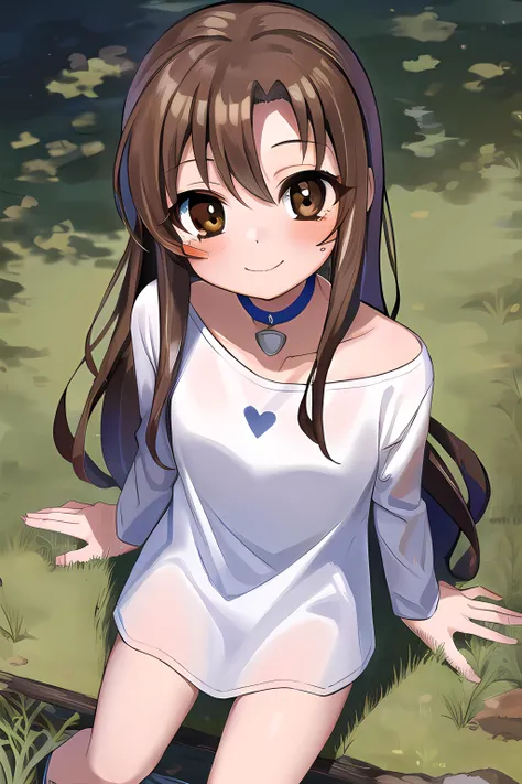 1girl, masterpiece, best quality, asuna yuuki, long hair, brown hair, (brown eyes:2),
vermillion-color shirt, choker, looking at viewer, smile, blush, cute, from above, grassy background, outdoor,
<lora:asunayuukitest:0.8>, <lora:oversized_shirt:1> Oversized shirt, <lora:Squeezer2:1.2>, <lora:LowRA:0.5>