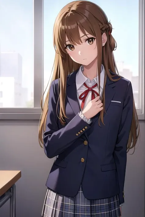 asunayuuki, <lora:asunayuuki-lora-nochekaiser:1>, 
asuna yuuki, long hair, brown hair, (brown eyes:1.8), (small breast:1.2),
BREAK skirt, shirt, long sleeves, ribbon, school uniform, jacket, white shirt, red ribbon, black jacket, neck ribbon,
BREAK indoors, classroom,
BREAK looking at viewer, (cowboy shot:1.5),
BREAK <lyco:GoodHands-beta2:1>, (masterpiece:1.2), best quality, high resolution, unity 8k wallpaper, (illustration:0.8), (beautiful detailed eyes:1.6), extremely detailed face, perfect lighting, extremely detailed CG, (perfect hands, perfect anatomy),