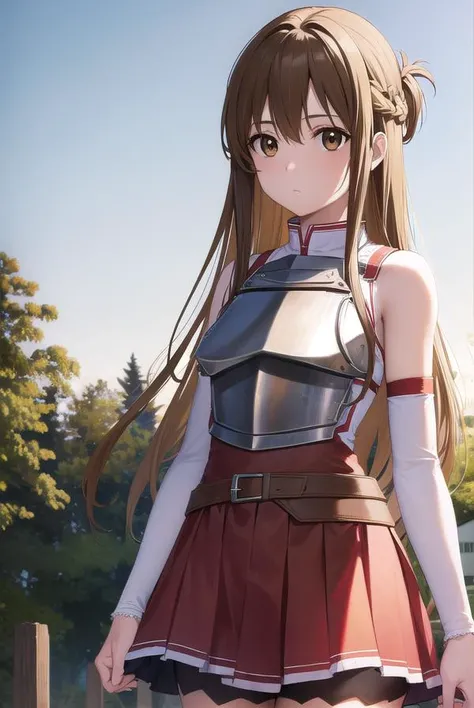 asunayuuki, <lora:asunayuuki-lora-nochekaiser:1>,
asuna yuuki, long hair, brown hair, (brown eyes:1.8), (small breast:1.2),
BREAK skirt, thighhighs, bare shoulders, detached sleeves, armor, white thighhighs, (breastplate:1.2), red skirt,
BREAK outdoors, nature, forest, sun, sky,
BREAK looking at viewer, (cowboy shot:1.5),
BREAK <lyco:GoodHands-beta2:1>, (masterpiece:1.2), best quality, high resolution, unity 8k wallpaper, (illustration:0.8), (beautiful detailed eyes:1.6), extremely detailed face, perfect lighting, extremely detailed CG, (perfect hands, perfect anatomy),
