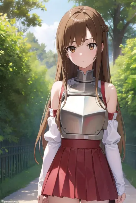 asunayuuki, <lora:asunayuuki-lora-nochekaiser:1>,
asuna yuuki, long hair, brown hair, (brown eyes:1.7), (small breast:1.2),
BREAK skirt, thighhighs, bare shoulders, detached sleeves, armor, white thighhighs, (breastplate:1.2), red skirt,
BREAK outdoors, nature, forest, sun, sky,
BREAK looking at viewer, (cowboy shot:1.5),
BREAK <lyco:GoodHands-beta2:1>, (masterpiece:1.2), best quality, high resolution, unity 8k wallpaper, (illustration:0.8), (beautiful detailed eyes:1.6), extremely detailed face, perfect lighting, extremely detailed CG, (perfect hands, perfect anatomy),