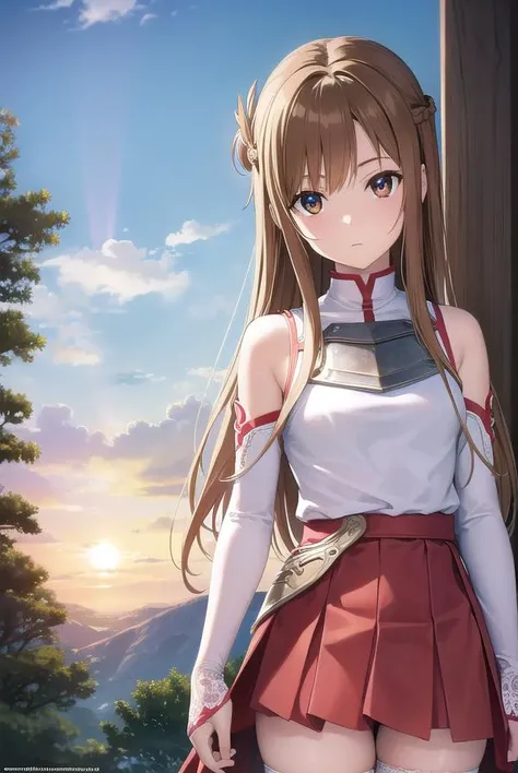 asunayuuki, <lora:asunayuuki-lora-nochekaiser:1>,
asuna yuuki, long hair, brown hair, (brown eyes:1.7), (small breast:1.2),
BREAK skirt, thighhighs, bare shoulders, detached sleeves, armor, white thighhighs, breastplate, red skirt,
BREAK outdoors, nature, forest, sun, sky,
BREAK looking at viewer, (cowboy shot:1.5),
BREAK <lyco:GoodHands-beta2:1>, (masterpiece:1.2), best quality, high resolution, unity 8k wallpaper, (illustration:0.8), (beautiful detailed eyes:1.6), extremely detailed face, perfect lighting, extremely detailed CG, (perfect hands, perfect anatomy),