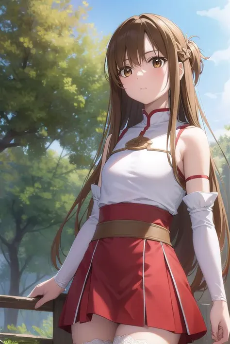asunayuuki, <lora:asunayuuki-lora-nochekaiser:1>,
asuna yuuki, long hair, brown hair, (brown eyes:1.7), (small breast:1.2),
BREAK skirt, thighhighs, bare shoulders, detached sleeves, armor, white thighhighs, breastplate, red skirt,
BREAK outdoors, nature, forest, sun, sky,
BREAK looking at viewer, (cowboy shot:1.5),
BREAK <lyco:GoodHands-beta2:1>, (masterpiece:1.2), best quality, high resolution, unity 8k wallpaper, (illustration:0.8), (beautiful detailed eyes:1.6), extremely detailed face, perfect lighting, extremely detailed CG, (perfect hands, perfect anatomy),