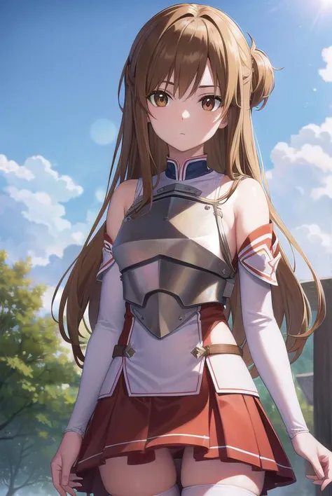 asunayuuki, <lora:asunayuuki-lora-nochekaiser:1>,
asuna yuuki, long hair, brown hair, (brown eyes:1.8), (small breast:1.2),
BREAK skirt, thighhighs, bare shoulders, detached sleeves, armor, white thighhighs, (breastplate:1.2), red skirt,
BREAK outdoors, nature, forest, sun, sky,
BREAK looking at viewer, (cowboy shot:1.5),
BREAK <lyco:GoodHands-beta2:1>, (masterpiece:1.2), best quality, high resolution, unity 8k wallpaper, (illustration:0.8), (beautiful detailed eyes:1.6), extremely detailed face, perfect lighting, extremely detailed CG, (perfect hands, perfect anatomy),