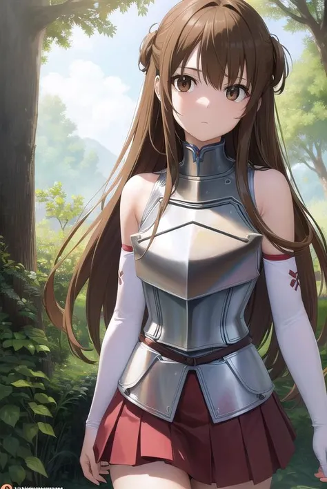 asunayuuki, <lora:asunayuuki-lora-nochekaiser:1>,
asuna yuuki, long hair, brown hair, (brown eyes:1.8), (small breast:1.2),
BREAK skirt, thighhighs, bare shoulders, detached sleeves, armor, white thighhighs, (breastplate:1.2), red skirt,
BREAK outdoors, nature, forest, sun, sky,
BREAK looking at viewer, (cowboy shot:1.5),
BREAK <lyco:GoodHands-beta2:1>, (masterpiece:1.2), best quality, high resolution, unity 8k wallpaper, (illustration:0.8), (beautiful detailed eyes:1.6), extremely detailed face, perfect lighting, extremely detailed CG, (perfect hands, perfect anatomy),
