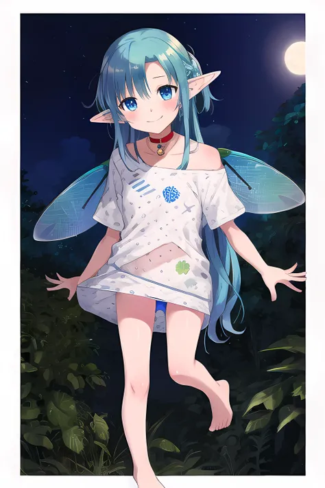 1girl, masterpiece, best quality, asuna yuuki, long hair, blue eyes, blue hair, pointy ears, elf, wings, barefoot, midriff, long legs, fairy wings, (dragonfly wings:1.2), 4wings,
vermillion-color shirt, choker, panty, looking at viewer, smile, blush, cute, from belove, in the air, flying, night, starry background, outdoor,
<lora:asunayuukitest:0.9>, <lora:oversized_shirt:1> Oversized shirt, <lora:Squeezer2:1.2>, <lora:LowRA:0.7>, <lora:octans-PYNOISE-LOHA:0.8> octans