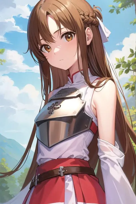 asunayuuki, <lora:asunayuuki-lora-nochekaiser:1>,
asuna yuuki, long hair, brown hair, (brown eyes:1.8), (small breast:1.2),
BREAK skirt, thighhighs, bare shoulders, detached sleeves, armor, white thighhighs, (breastplate:1.2), red skirt,
BREAK outdoors, nature, forest, sun, sky,
BREAK looking at viewer, (cowboy shot:1.5),
BREAK <lyco:GoodHands-beta2:1>, (masterpiece:1.2), best quality, high resolution, unity 8k wallpaper, (illustration:0.8), (beautiful detailed eyes:1.6), extremely detailed face, perfect lighting, extremely detailed CG, (perfect hands, perfect anatomy),