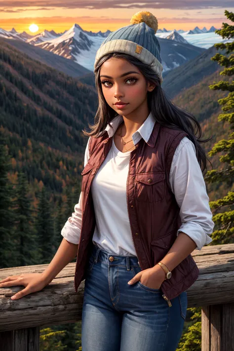 1girl, long hair, foundation, concealer, mascara, rosy cheeks, smokey eye makeup, lipstick, (beautiful, gorgeous, flawless complection, glamour model:1.3), <lora:more_details:0.3>, in a forest canyon, epic view, grand scenery, coniferous montane forests, tall trees, (mountainous glaciers:1.2), pumpkin orange, chestnut brown, deep burgundy, gold leaf yellow, smoky gray, (flannel:1.3) shirt, vest, jeans, beanie, (sunset, dusk:1.25), (long shot, full shot:1.4), photorealistic, hyperrealistic, hyperdetailed, analog style, soft lighting, subsurface scattering, realistic, heavy shadow, masterpiece, best quality, ultra realistic, 8k, golden ratio, Intricate, High Detail, film photography, soft focus, (hispanic, spanish, dark tan skin:1.3)