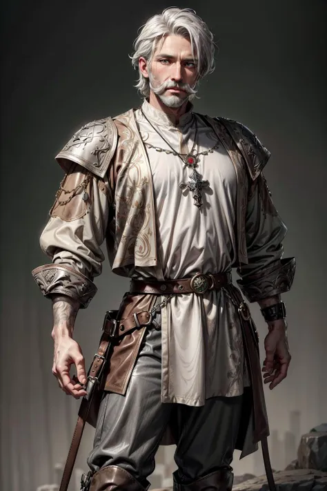 simple background,A 35 year old male,white hair,white mustache with a short white beard. strong,((grey medieval tunic)),brown loose medieval leather pants,adventure boots. Renaissance clothing,Stern look,green eyes,wearing an emerald on a small chain around his neck,cowboy shot ,<lora:wowifierV3:0.6>,<lora:more_details:0.7>,holy magic around him,vamptech,<lora:VampiricTech-20:0.7>,