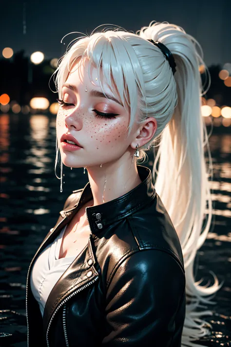 adult woman looking up, (long white hair). high ponytail, earrings, parted lips, closed eyes, freckles, (wet hair:1.2), (heavy rain:1.4), leather jacket, dramatic lighting, rim light, soft edges, from distance, dutch angle, from above, <lora:eyeliner_v1:1.0> eyeliner, curvy, bokeh, night harbor background