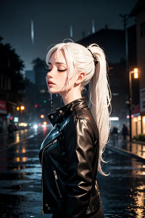 adult woman, 2/3, (long white hair). high ponytail, jewelry, parted lips, closed eyes, freckles, (wet hair:1.2), (heavy rain:1.4), (long exposure:1.4), leather jacket, dramatic lighting, rim light, volumetric fog, from distance, soft edges, 50mm, <lora:eyeliner_v1:0.8> eyeliner, curvy, bokeh, night street background