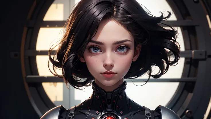 <lora:reelmech1v2:0.8>,reelmech,woman looking at viewer,black background,