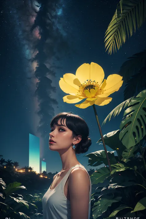 1girl, solo, masterpiece, highest quality, 8K, looking afar, poster, synthwave art style, (palm leaves), white flowers, (geometric:1.2), (neon yellow glow:1.2), night, dark theme, starry sky, (bioluminescence), fortitude, wholesome, 13