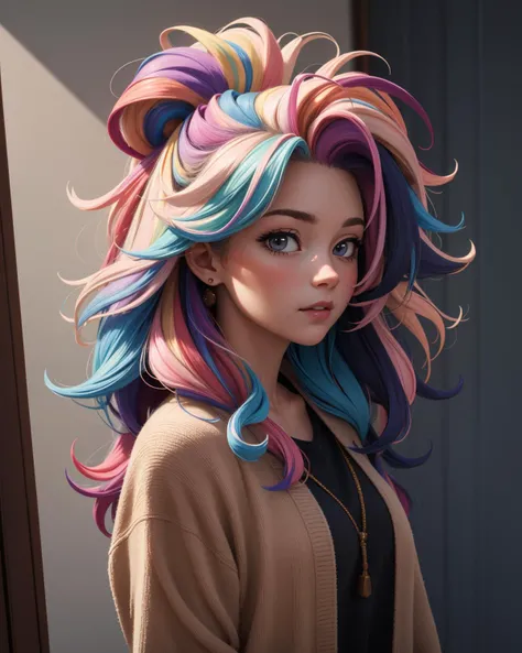 (masterpiece:1.1), (highest quality:1.1), (HDR:1.0), girl with really wild hair, mane, multicolored hairlighting, (from front:0.6)
